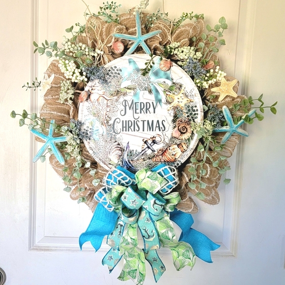 Coastal Christmas Wreath Starfish Deco Mesh Beach - Picture 2 of 6